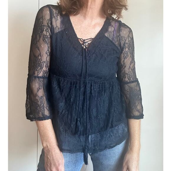 Lace Bohemian Lace Top Size Large whimsy Goth Large Dark Blue - Picture 10 of 10